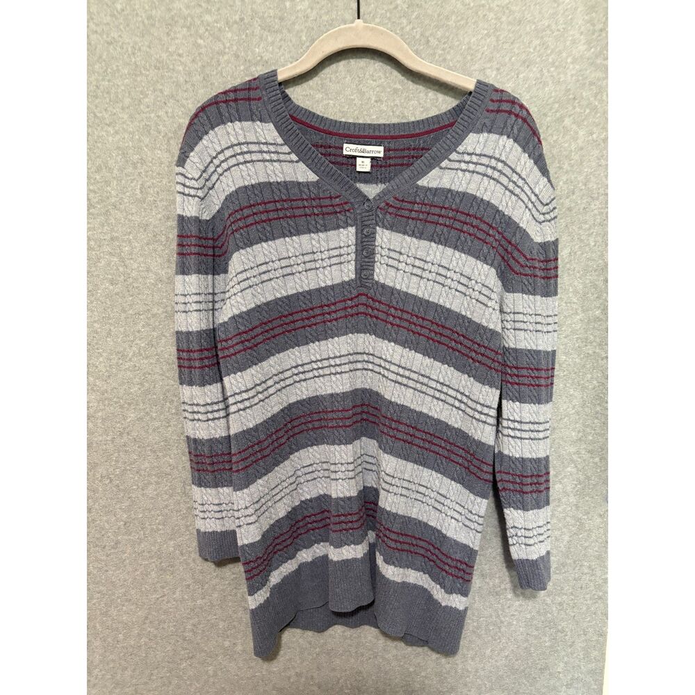 Croft & Barrow Striped Henley Sweater XL Gray Red Preppy Classic Dark Academia